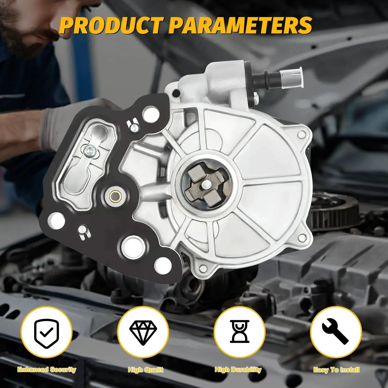 Mechanic holding Premium Brake Vacuum Pump Replacement For GM Vehicles Cruze Malibu Spark Buick Encore Equinox GMC Terrain 1.4L 1.5L