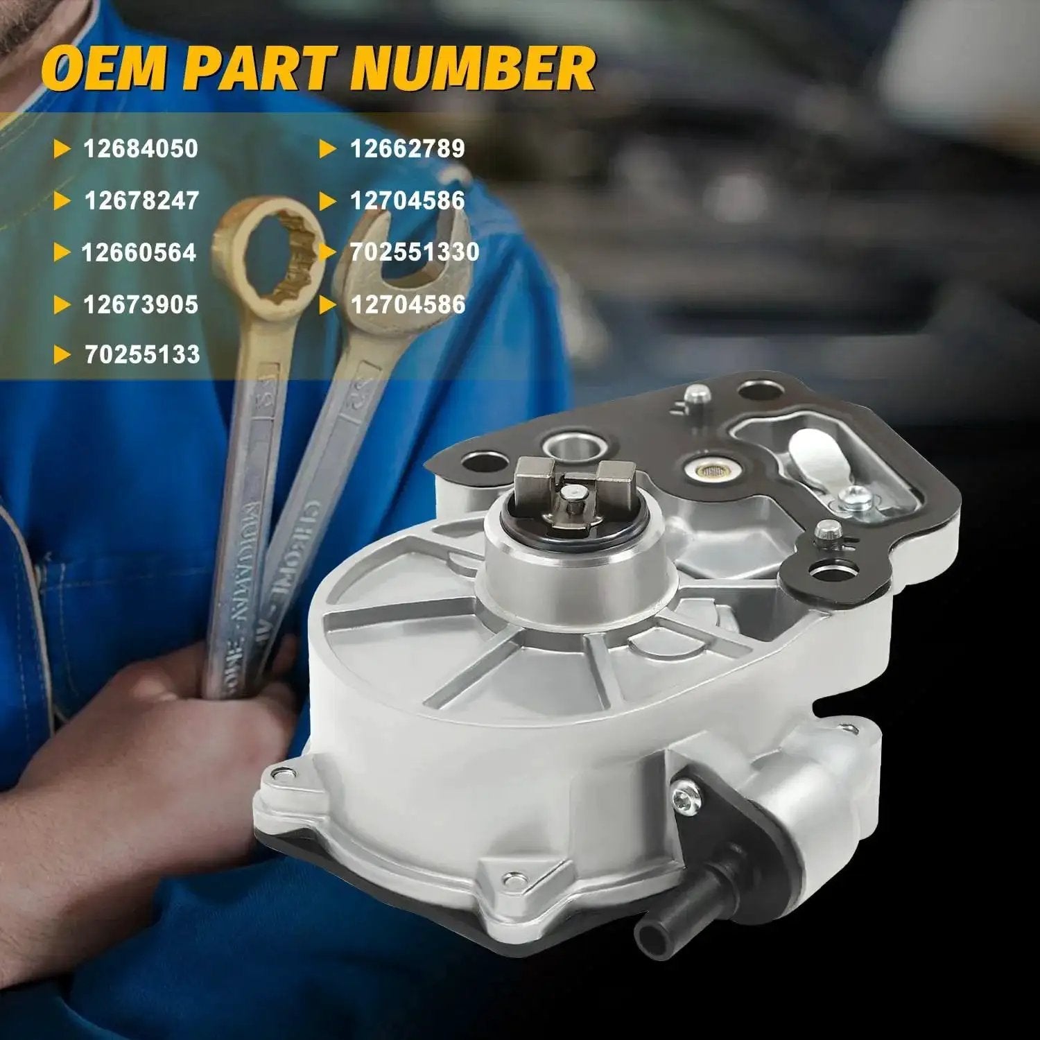 Premium Brake Vacuum Pump Replacement For GM Vehicles, with OEM Part Numbers 12684050, 12662789, displayed against tools.