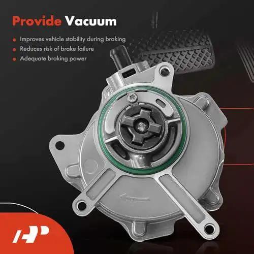 Premium Brake Vacuum Pump APremium For VW And Audi Vehicles with O Ring for Easy Install shown with benefits listed