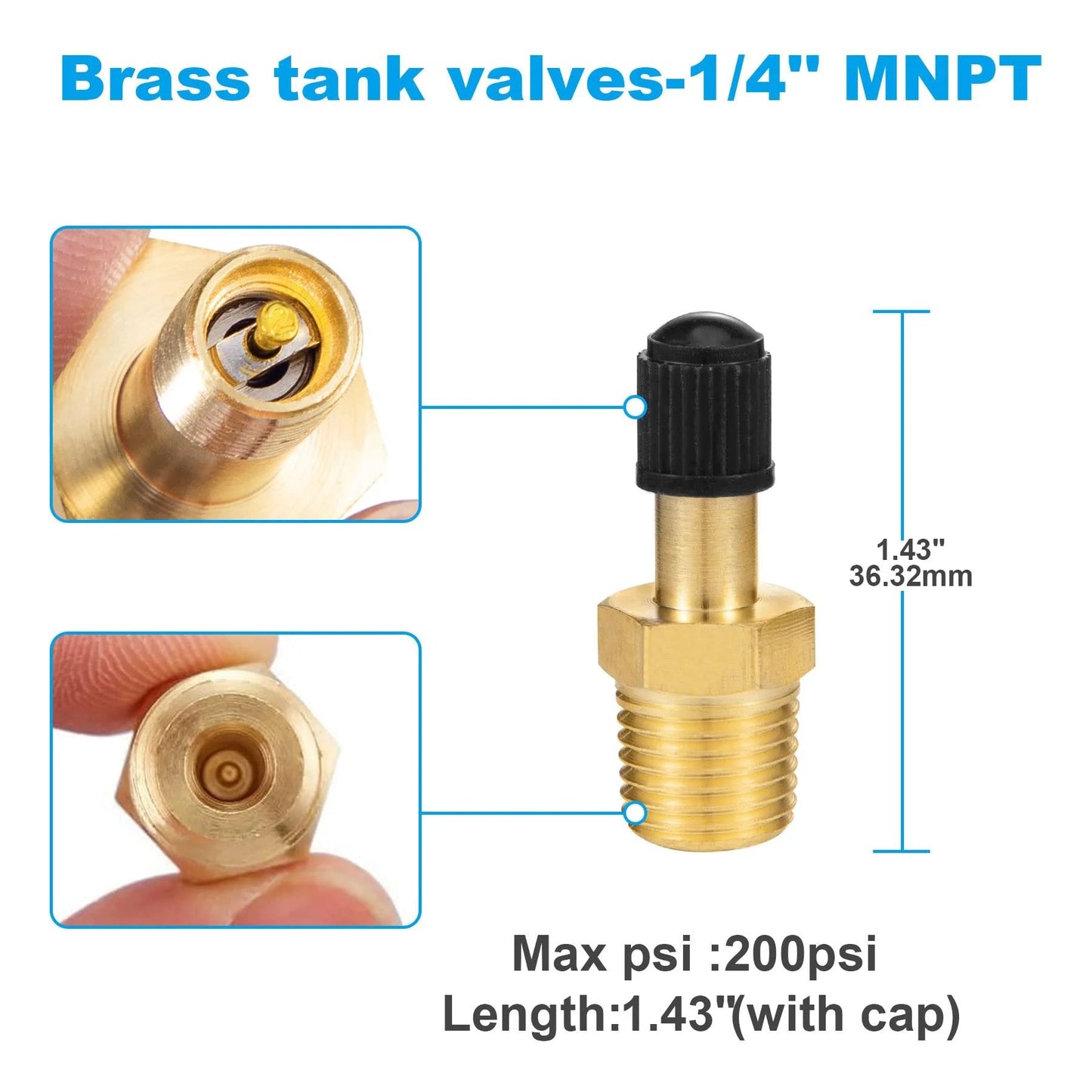 Inflation Valve With Push To Connect For Quarter Inch OD Air Line Tubing And Air Spring Suspension On Semi Truck Trailer Tractor Brass Anti Corrosion 150 PSI Max Temperature Range Minus Sixty Five To Two Hundred Fifty Fahrenheit Male NPT close-up view showing valve top and threaded male NPT fitting.