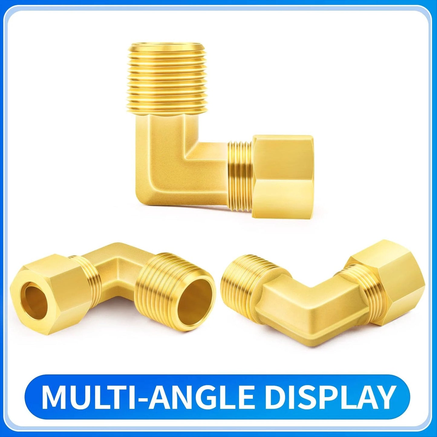 Brass Compression Tube Fitting 3/16 Inch Tube OD to 1/8 Inch NPT Male 90 Degree Elbow Connector Pack Of 10 displayed at multiple angles.