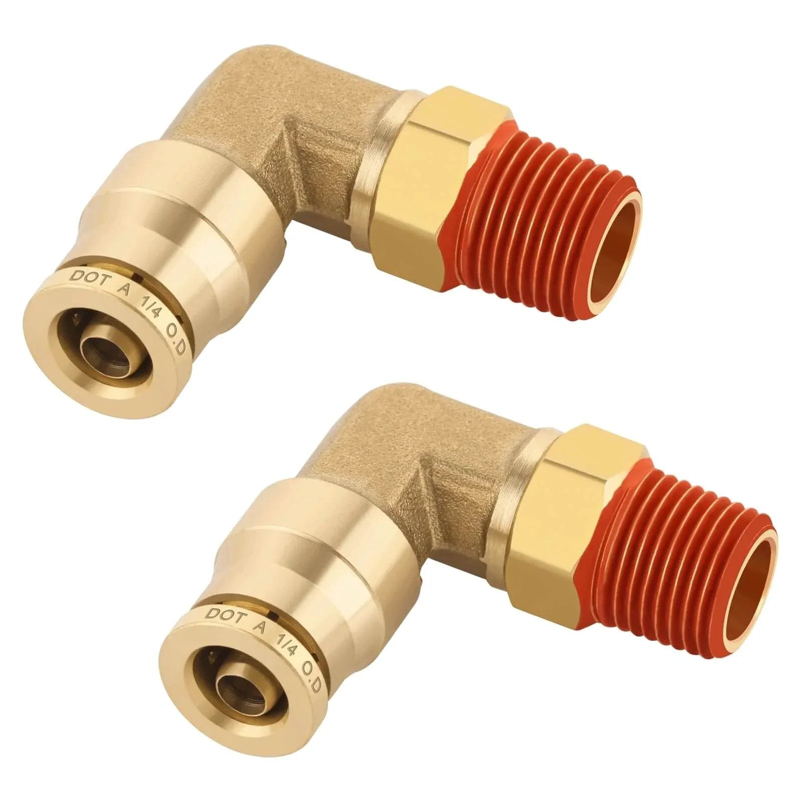 Brass Quick Push To Connect Fittings One Quarter Inch Tube OD To One Eighth Inch NPT Thread 90 Degree Swivel Elbow Union DOT Approved
