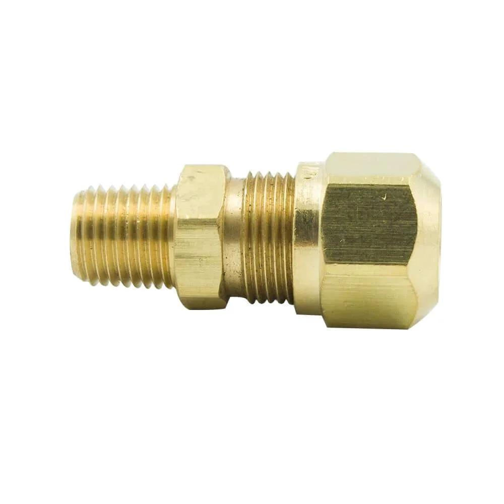 Brass DOT Air Brake Hose Fitting Male Connector For Nylon Tubing Three Eighths Inch Outer Diameter And One Quarter Inch NPT Male Compression Style