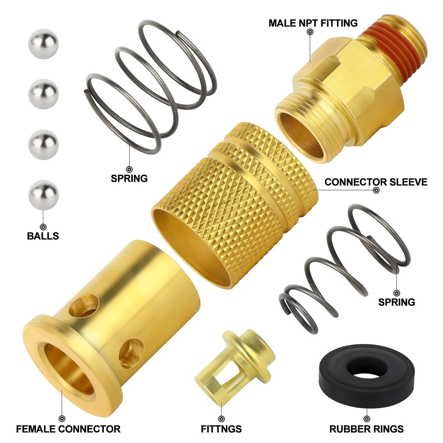 Close-up view of Durable Brass 1/4 Inch Quick Connect Air Coupler Set, Two Pieces With 1/4 Inch NPT Male Threads, Industrial Grade by GASHER.
