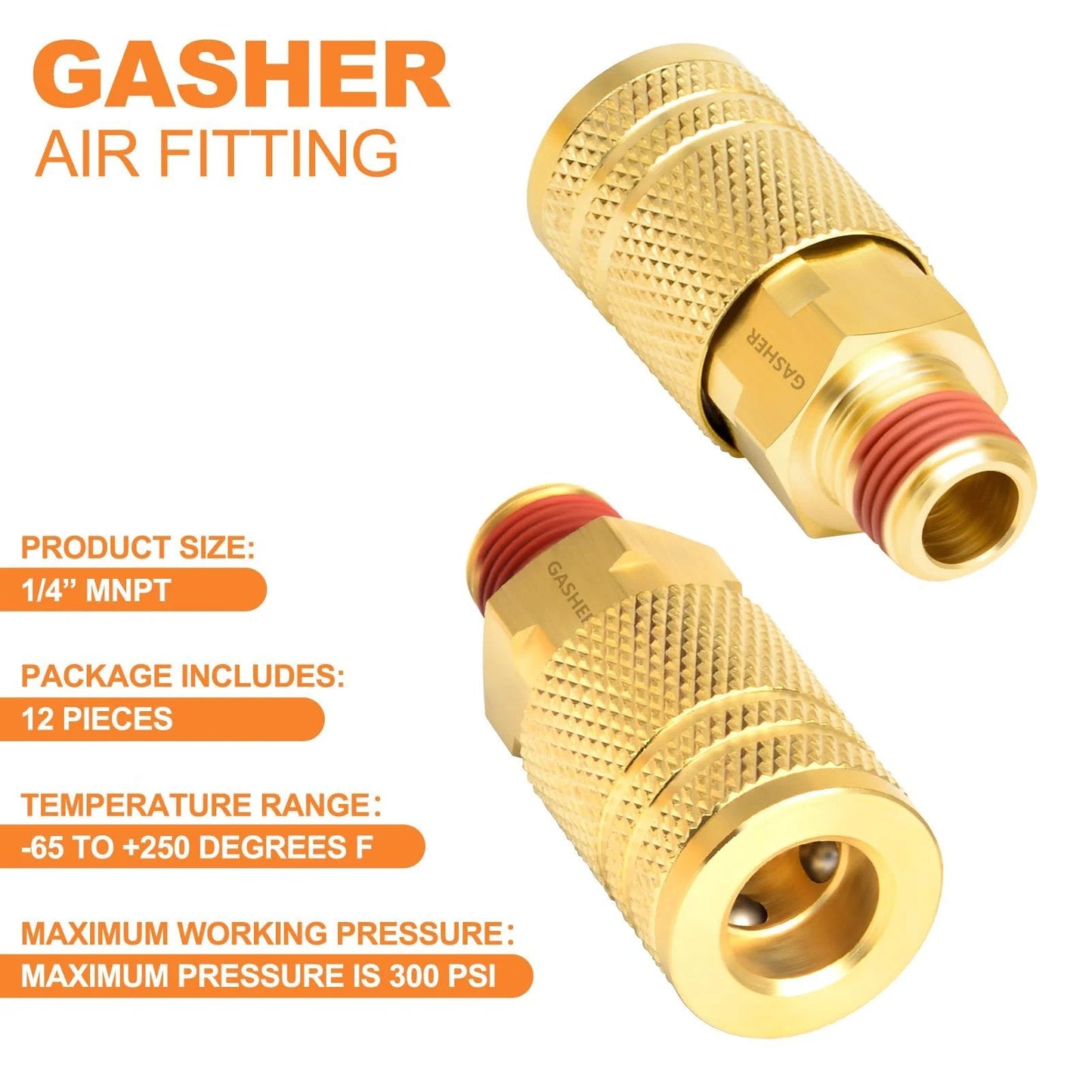 Durable Brass 1/4 Inch Quick Connect Air Coupler Set, Two Pieces With 1/4 Inch NPT Male Threads, Industrial Grade, Corrosion Resistant, Long Lasting, Interchangeable With Most Brands, Yellow Finish by GASHER, close-up view.