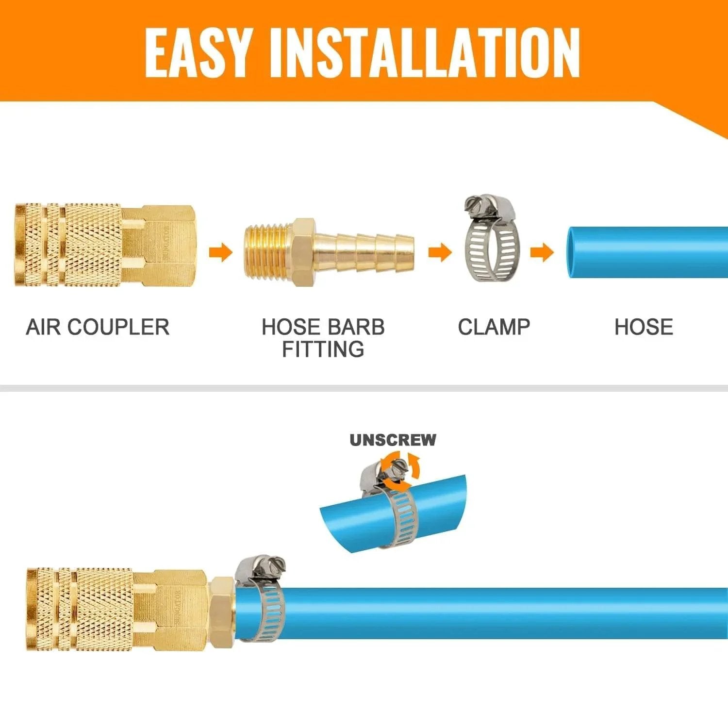 Diagram of 12 Pack One Quarter Inch Air Hose Fittings Brass Hose Barb Fittings showing air coupler, fitting, clamp, and hose connection.