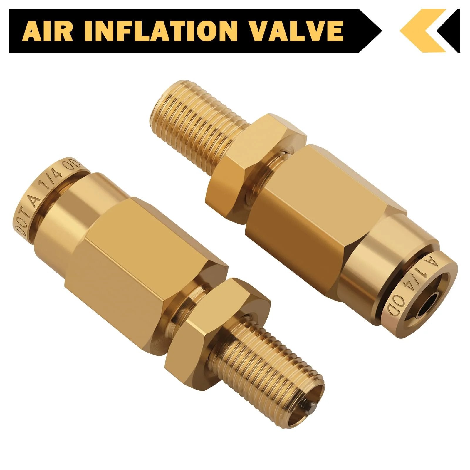 Inflation Schrader Valve With Push To Connect For One Quarter Inch Air Line Tubing And Air Spring Suspension On Semi Truck Trailer Tractor DOT Certified Brass No Leak Construction For Heavy Duty Use Performance close-up view of two brass valves with threaded connectors