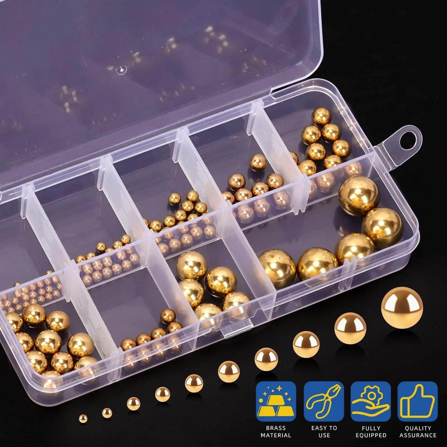 Precision Brass Bearing Balls Set 120-Piece Assortment 3/32 To 1/2 Inch Sizes For Machinery Automotive Valves Yellow Brass Balls With Storage Box Glarks
