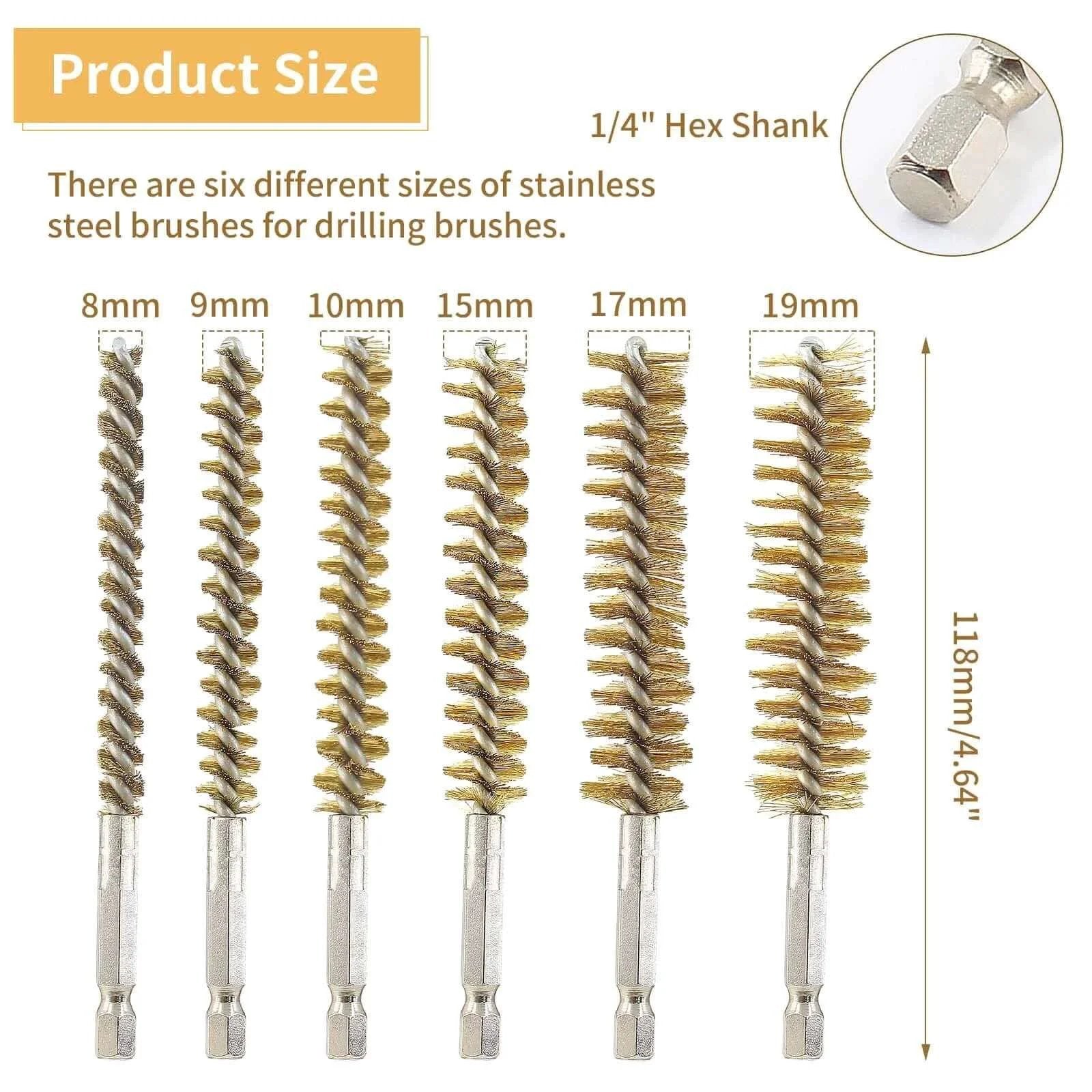 6 Pieces Brass Bore Brushes in Different Sizes, Brass Bristles Wire Cleaning Brush for Power Drill Impact Driver, with 1/4 Inch Hex Shank, 4 Inch in Length (8/10/12/15/17/19mm) displayed with dimensions and hex shank detail.