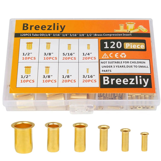 120-Piece Brass Compression Insert And Sleeve Fitting Kit For Plastic And Copper Tubing, Outer Diameters 1/8, 3/16, 1/4, 5/16, 3/8, 1/2 Inch displayed
