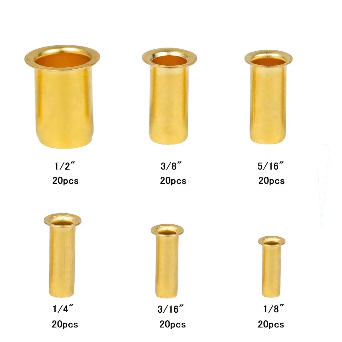 120-Piece Brass Compression Insert And Sleeve Fitting Kit For Plastic And Copper Tubing, showing various sizes 1/8 to 1/2 inch OD.