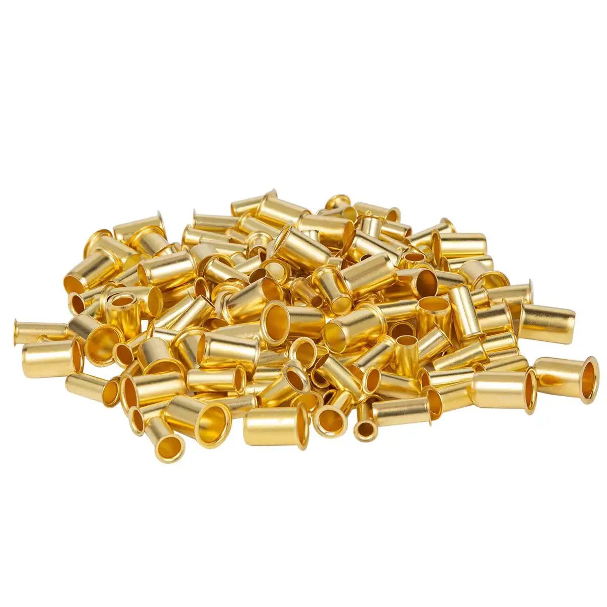 Pile of brass inserts from 120-Piece Brass Compression Insert And Sleeve Fitting Kit For Plastic And Copper Tubing, 1/8 to 1/2 inch