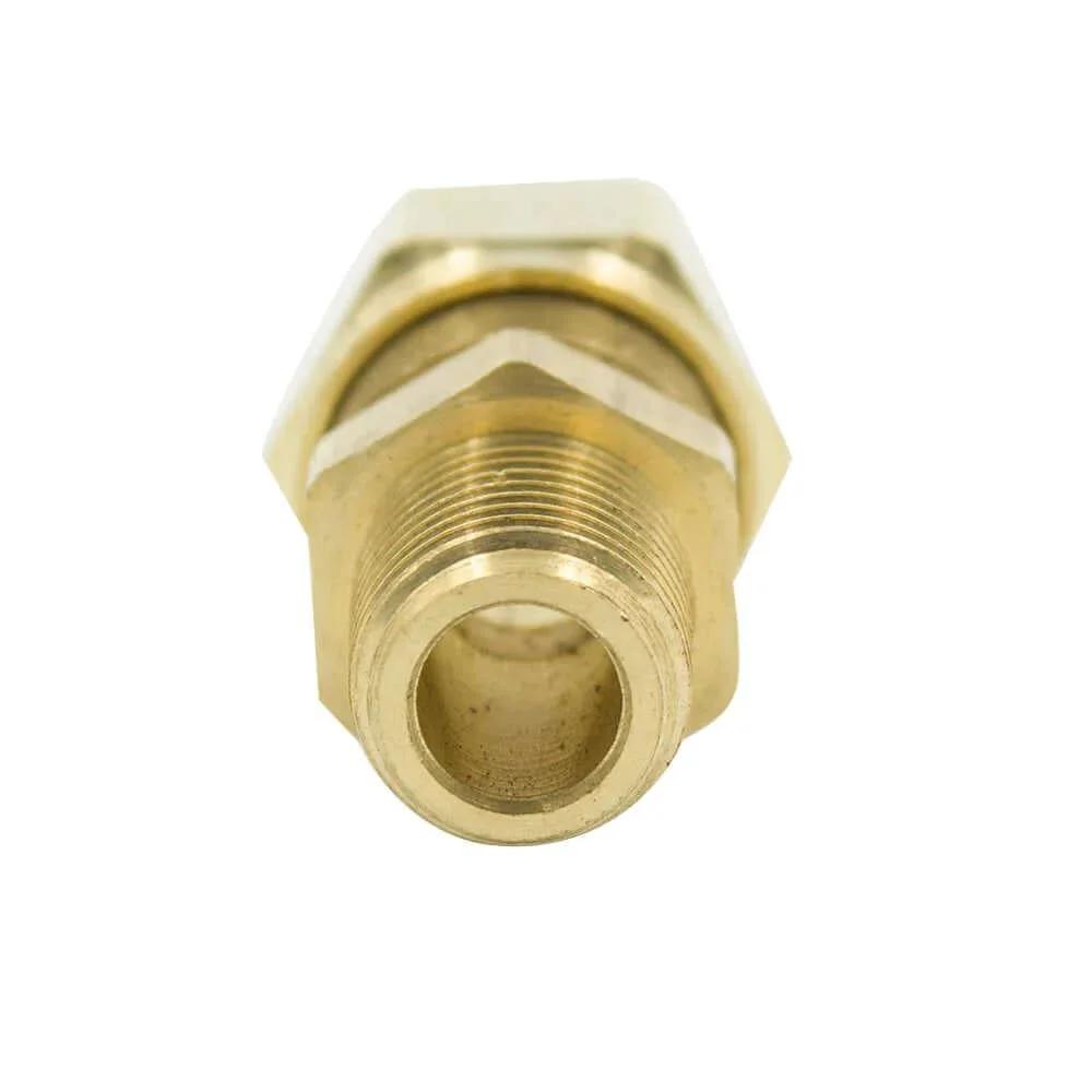 Close-up of Brass DOT Air Brake Hose Fitting Male Connector, 3/8 inch OD, 1/4 inch NPT, compression style for nylon tubing