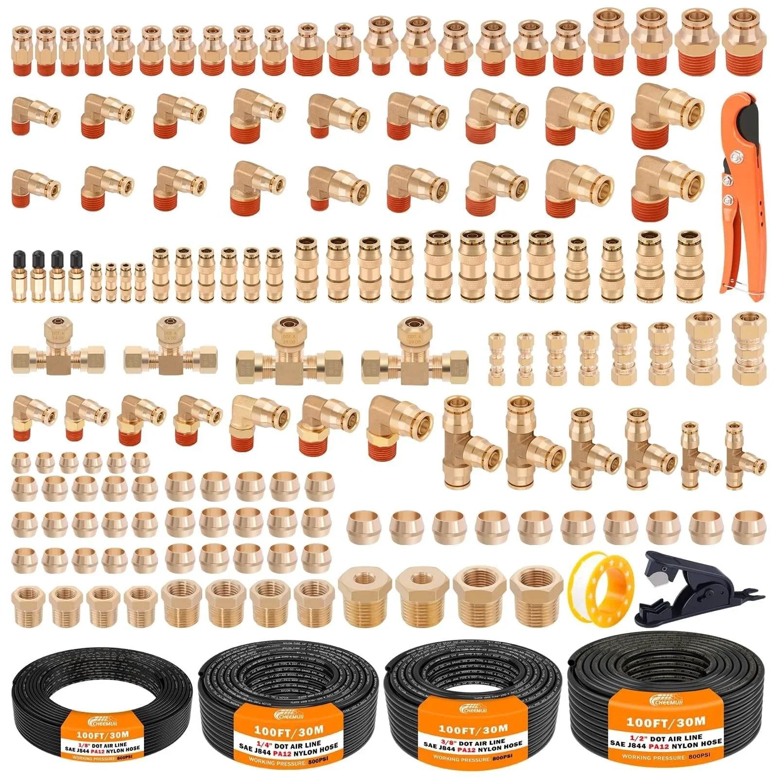 156 Piece Brass DOT Air Line Fittings Kit With Four 100ft Rolls Of Air Lines Includes Push Lock Quick Connect Fittings, Elbows