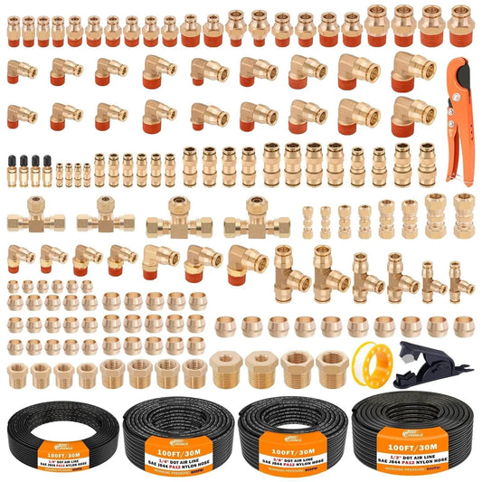 156 Piece Brass DOT Air Line Fittings Kit With Four 100ft Rolls Of Air Lines Includes Push Lock Quick Connect Fittings, Elbows