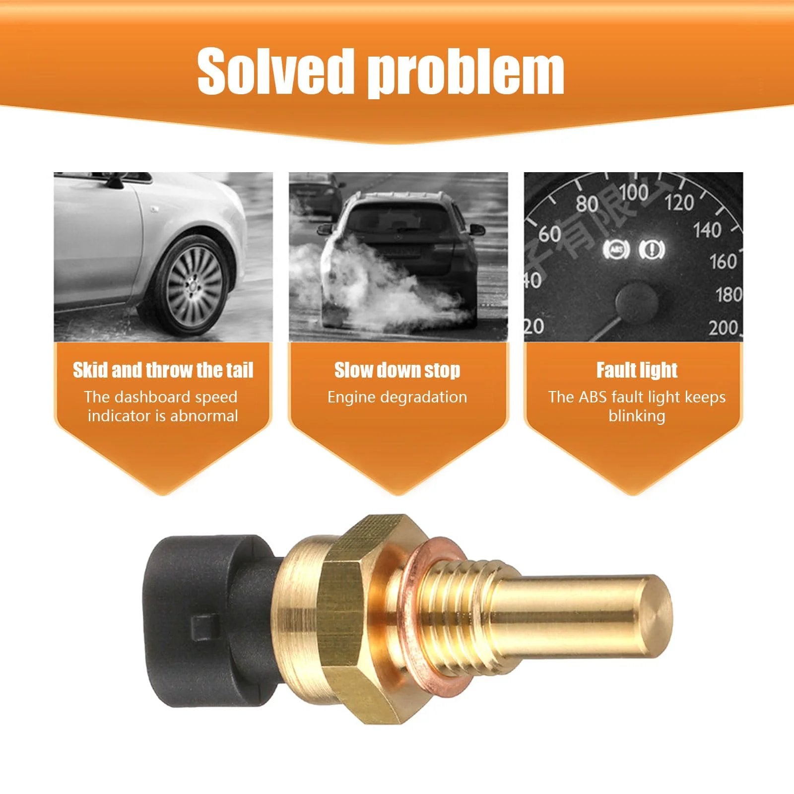 Beefed Up Brass Engine Coolant Temperature Sensor Replacement For Delphi Compatible Cars And Trucks With Gold Body showing sensor side view.