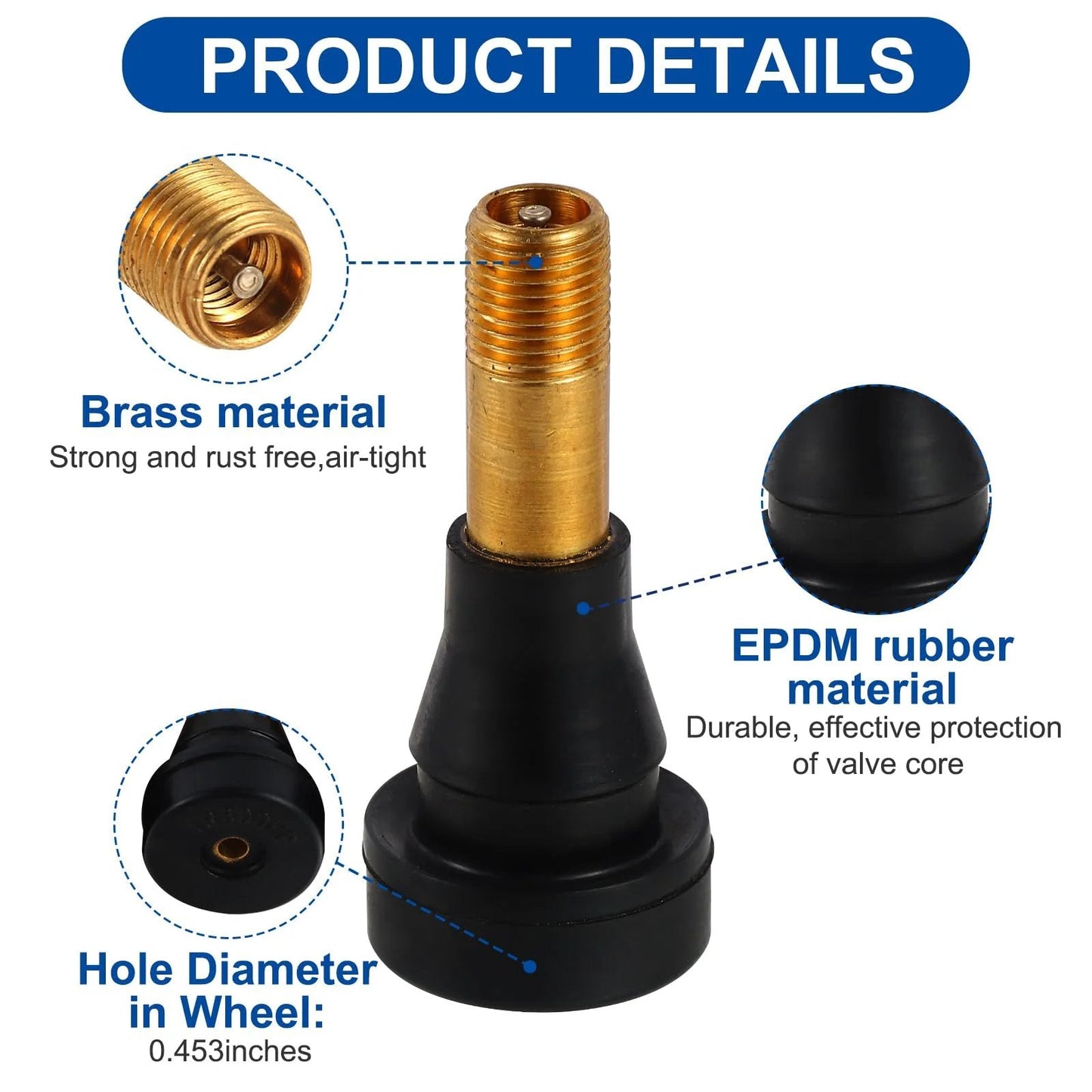 Premium TR600HP Snapin High Pressure Tire Valve Stems, 1.71 inch length, brass and EPDM rubber materials, designed for 0.453 inch rim holes.