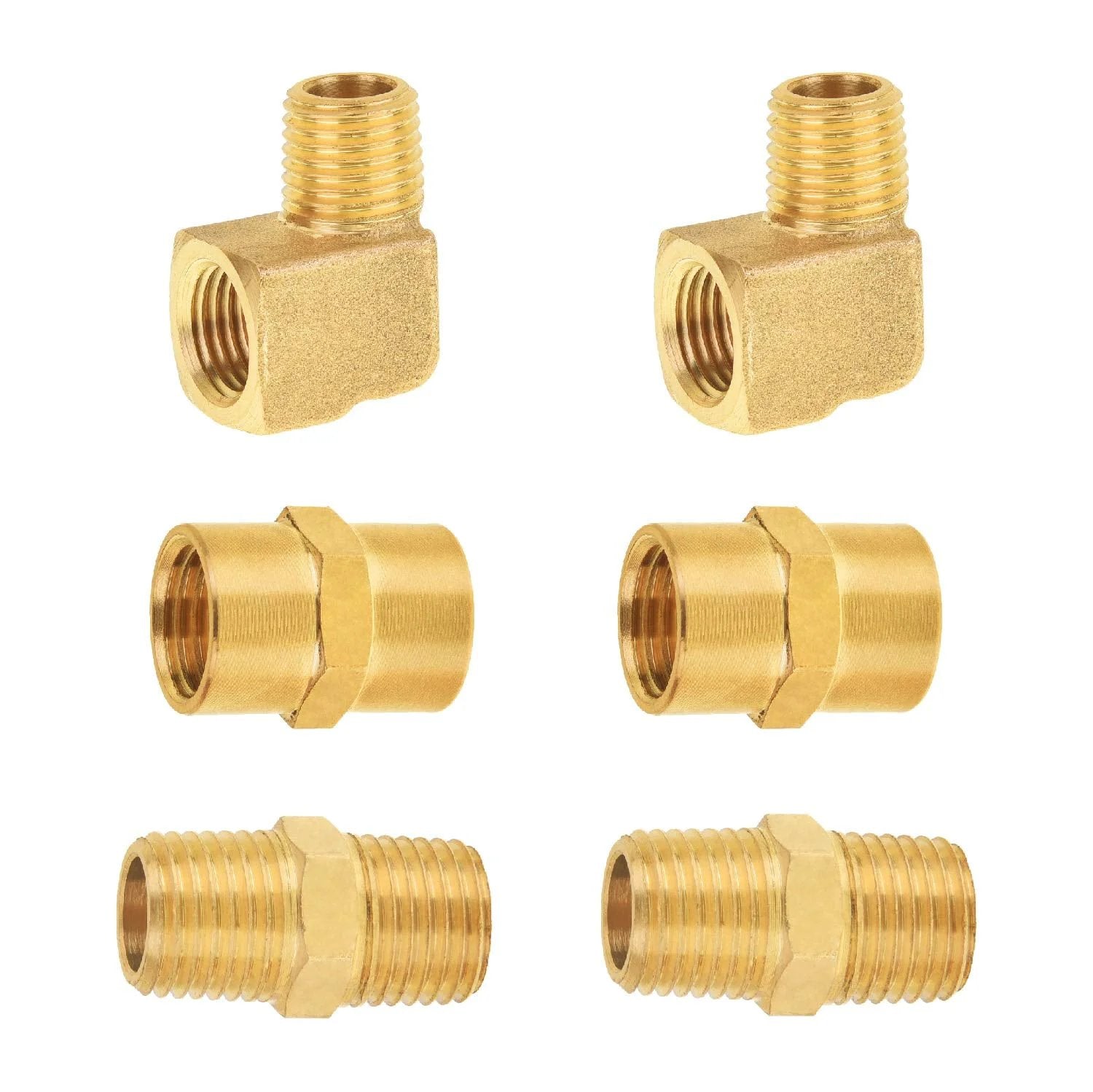 Premium Brass Fittings Kit One Quarter Inch NPT Plumbing Set With 90 Degree Street Elbow And Hex Nipples One Quarter Inch Male And One Quarter Inch Female Couplings Two Pack each visible, showcasing brass construction.