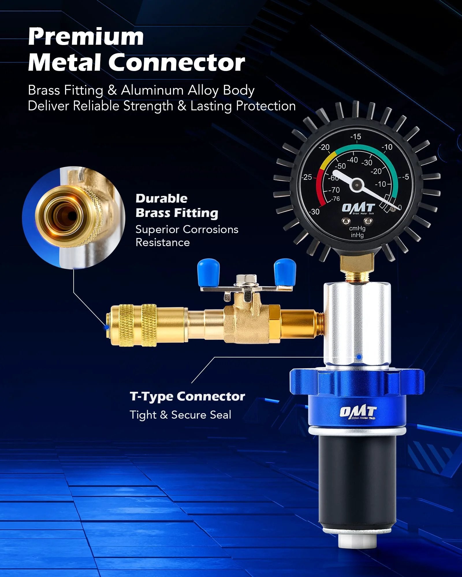 Close-up of Premium Metal Connector featuring brass fitting, aluminum alloy body and gauge for fast coolant refill.