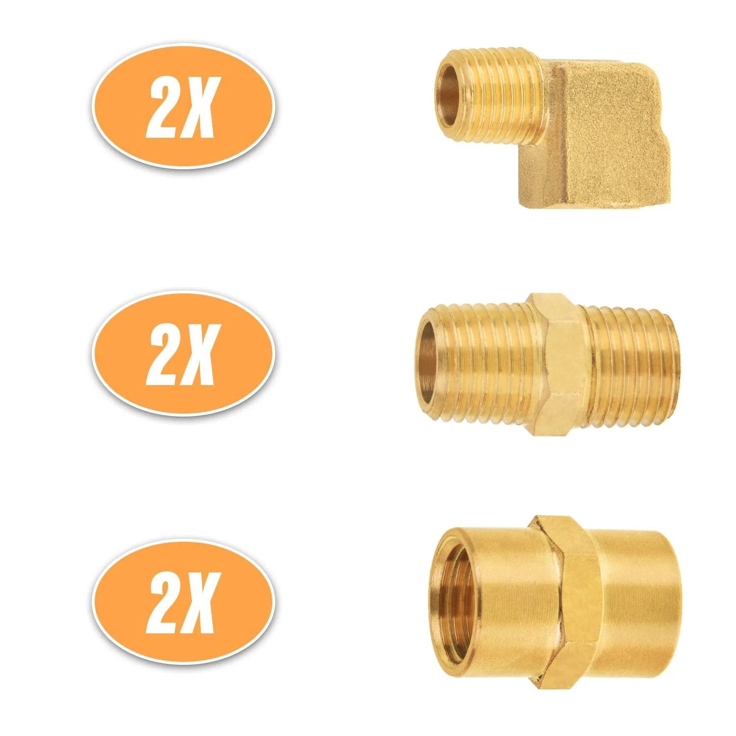 Premium Brass Fittings Kit One Quarter Inch NPT Plumbing Set With 90 Degree Street Elbow And Hex Nipples One Quarter Inch Male And One Quarter Inch Female Couplings Two Pack Each showing two street elbows, two hex nipples, and two couplings.