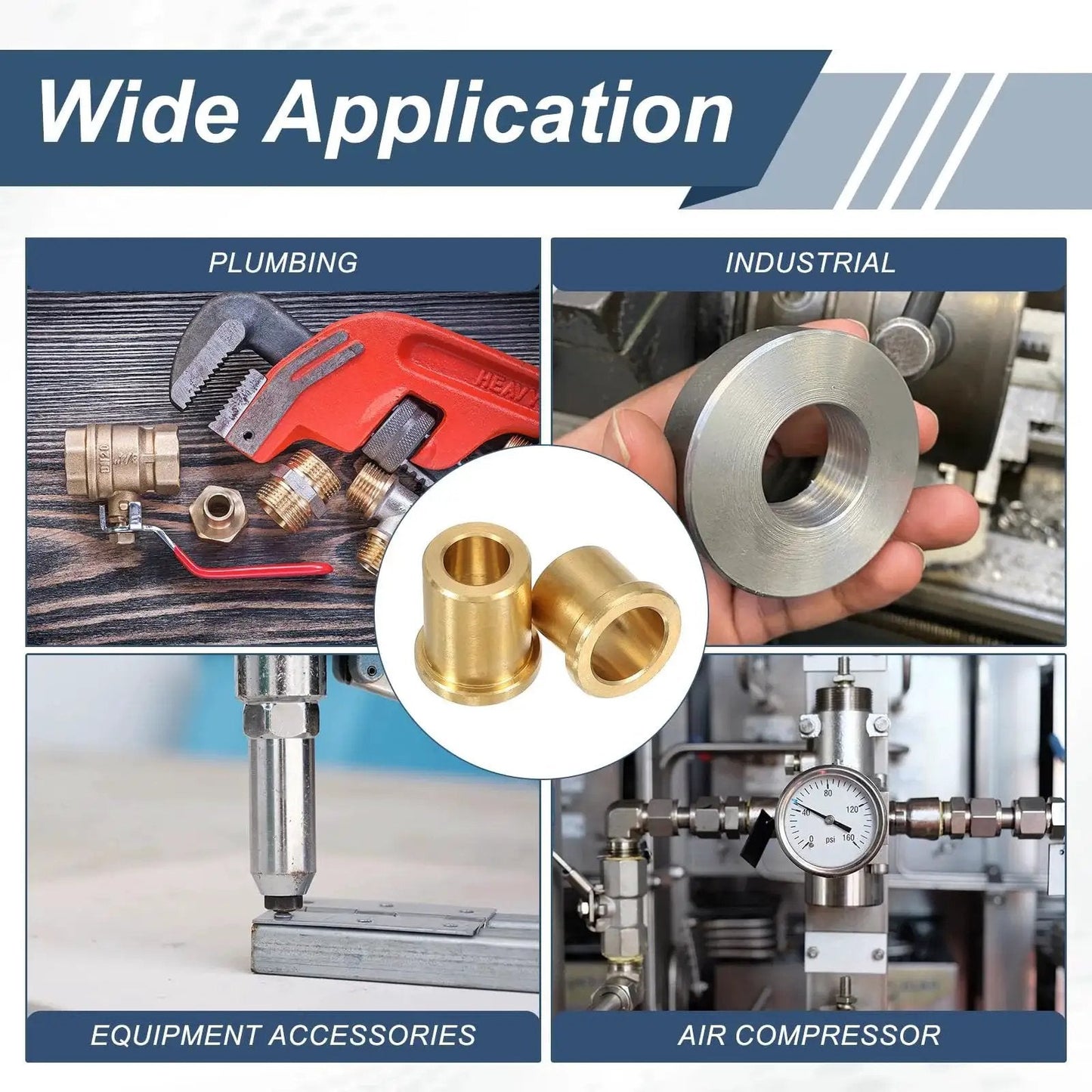Collage showcasing uses of Three Piece Brass Flange Bearings Set With Self Lubricating Sleeve Bushings in plumbing, industrial, and air compressors.