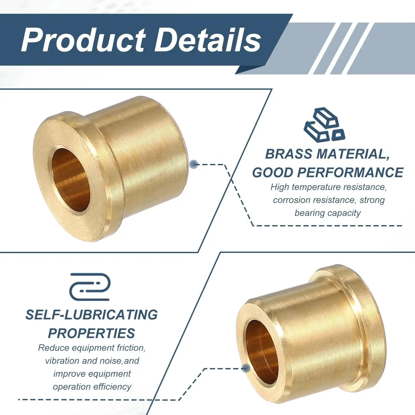 Three Piece Brass Flange Bearings Set With Self Lubricating Sleeve Bushings details, highlighting brass material and self-lubricating properties.