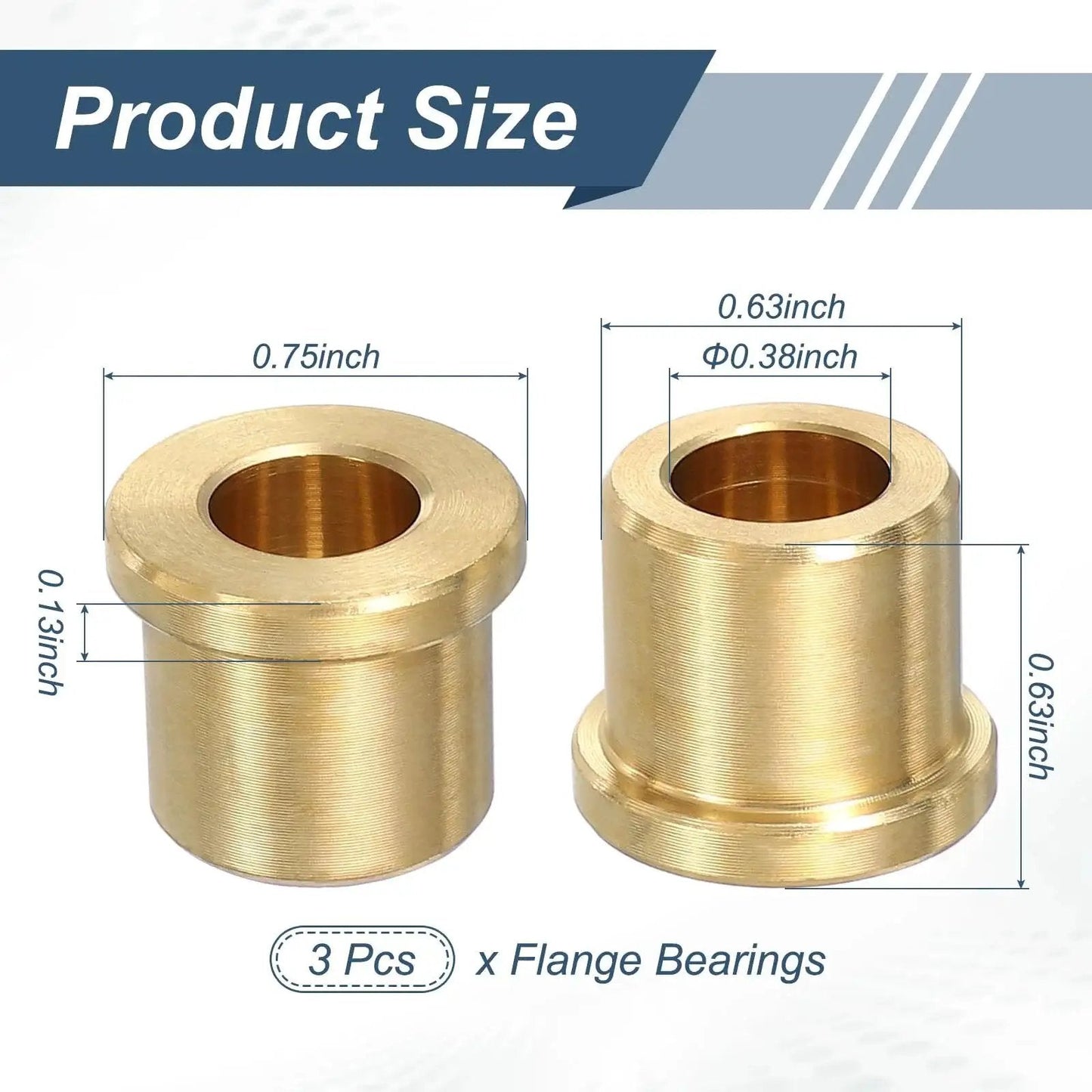 Three Piece Brass Flange Bearings Set With Self Lubricating Sleeve Bushings, showing dimensions and brass finish