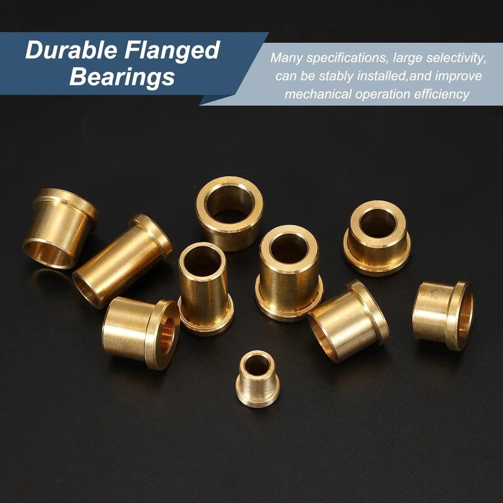 Three Piece Brass Flange Bearings Set With Self Lubricating Sleeve Bushings displayed on black background