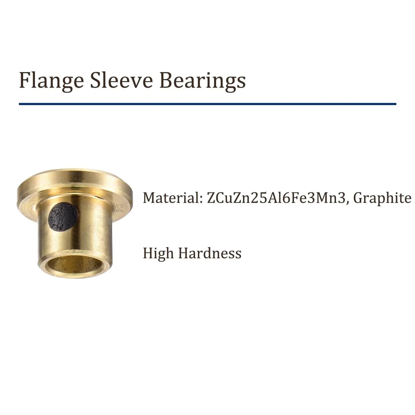 Flange sleeve bearing made of brass with graphite, showing material composition and high hardness feature for machine tools.