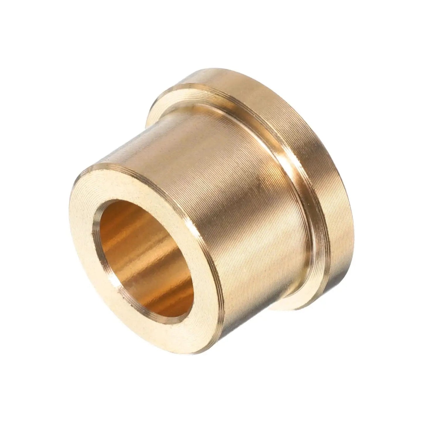Close-up of a single brass flange sleeve bearing from a set of 4 flange sleeve bearings 3/8 bore brass bushings with 5/8 outside diameter.