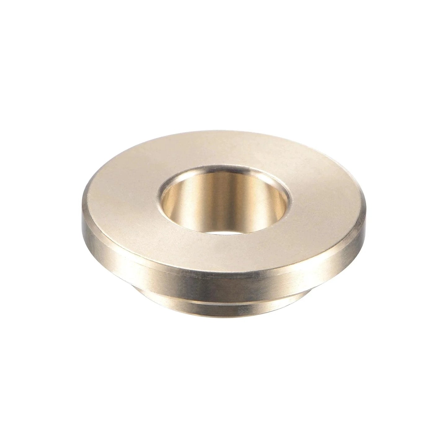 Flanged Sleeve Bearing Three Eighths Inch Bore Five Eighths Inch Outer Diameter Length Twelve Forty Ninths Inch Flange Diameter Seven Eighths Inch Flange Thickness One Eighth Inch Cast Brass Self Lubricating Bushing Oilless Maintenance Free, front view