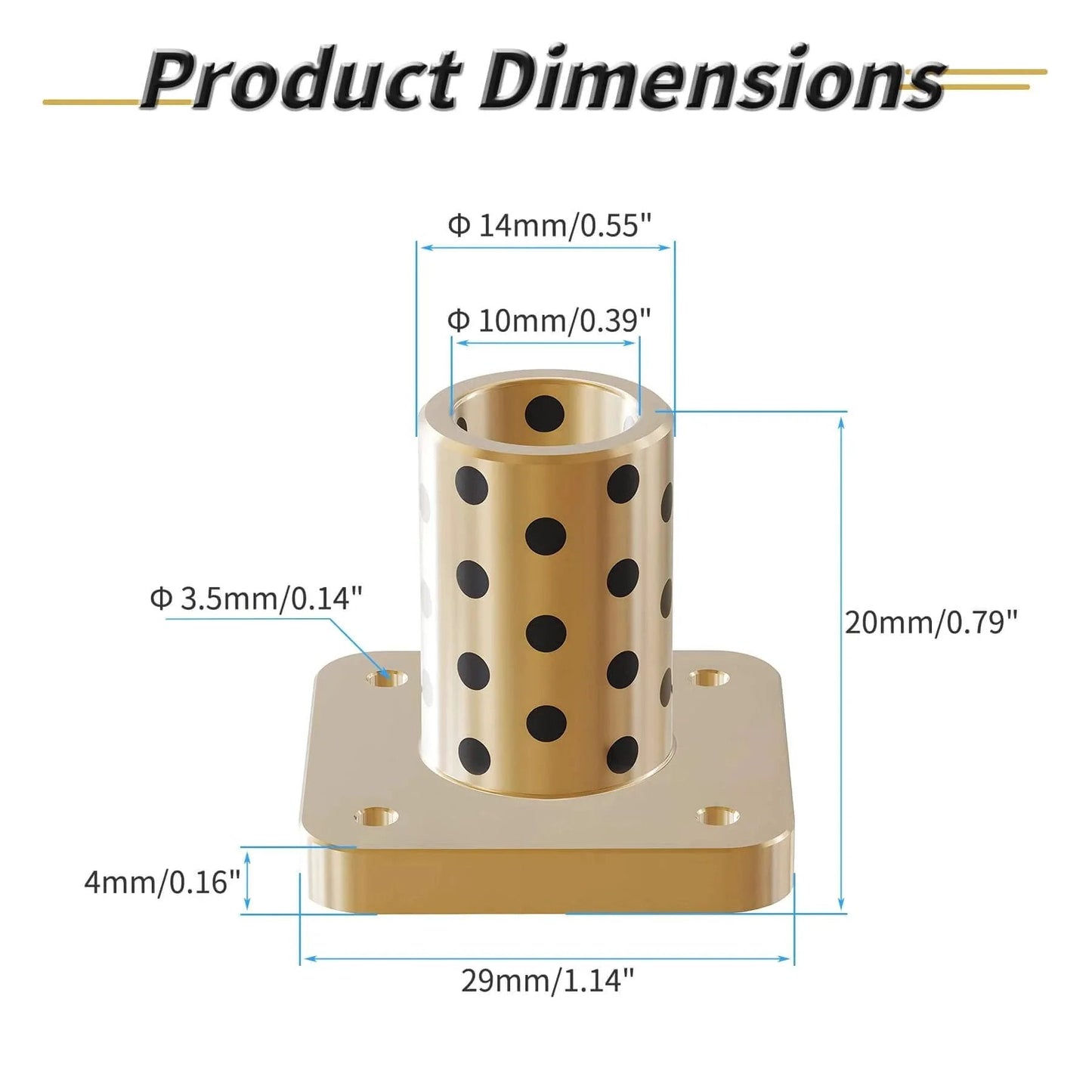 Two Pieces Brass Graphite Wrapped Oilless Sleeve Bearings Square Flanged Bushing 10mm ID 14mm OD 20mm Length Flange Dia 29mm Self Lubricating Plain Bearing For Rotating Or Transmission Machinery