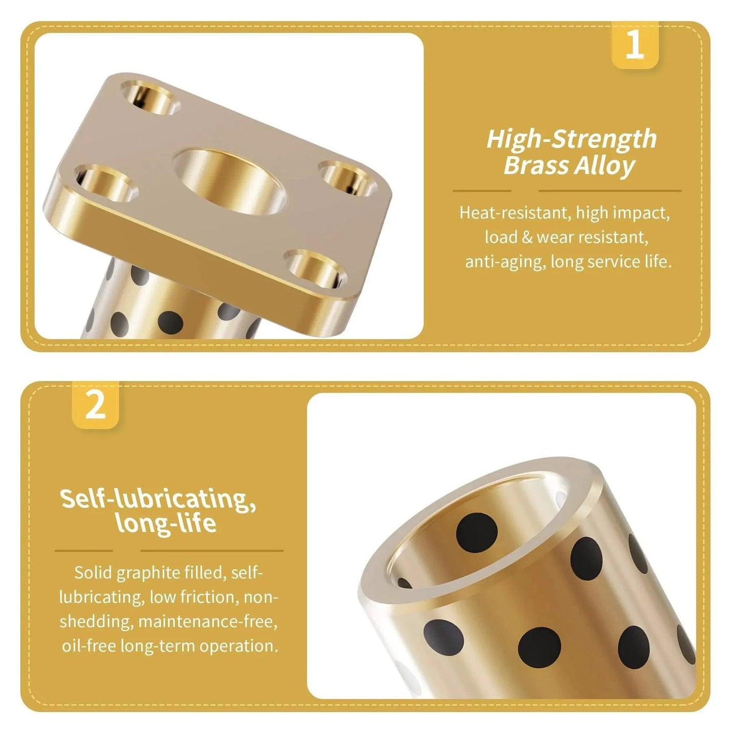Two Pieces Brass Graphite Wrapped Oilless Sleeve Bearings Square Flanged Bushing 10mm ID 14mm OD 20mm Length Flange Dia 29mm Self Lubricating Plain Bearing