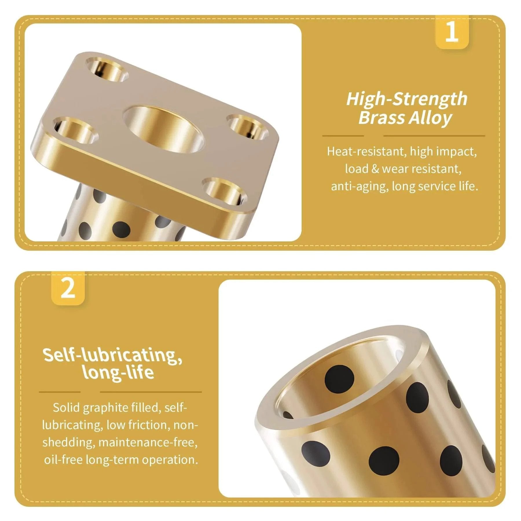 Two Pieces Brass Graphite Wrapped Oilless Sleeve Bearings Square Flanged Bushing 10mm ID 14mm OD 20mm Length Flange Dia 29mm Self Lubricating Plain Bearing