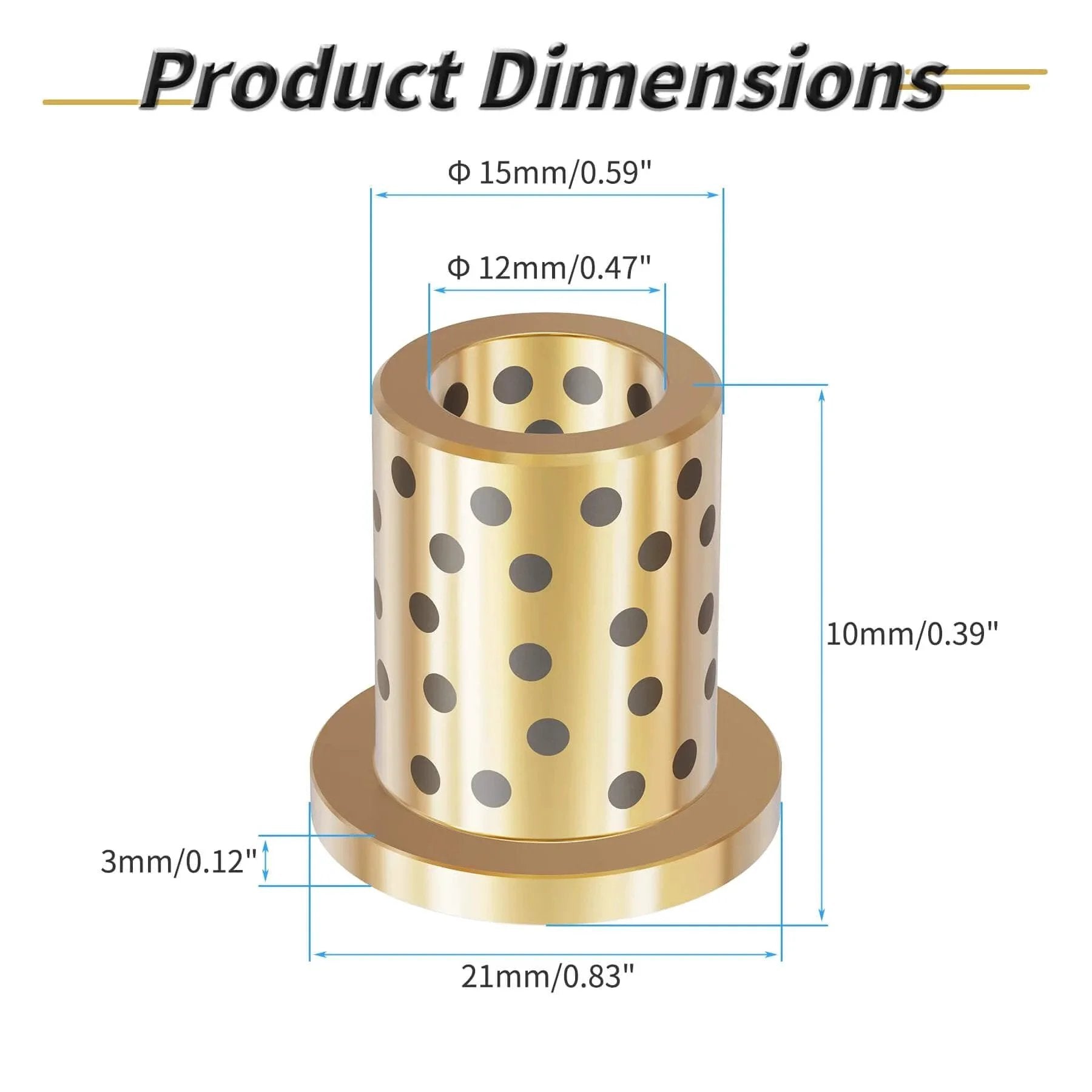 2 Pcs Brass Graphite Wrapped Oilless Bushings JFB Flanged Sleeve Bearings With 12mm ID 15mm OD 10mm Length Flange Dia 21mm dimensions