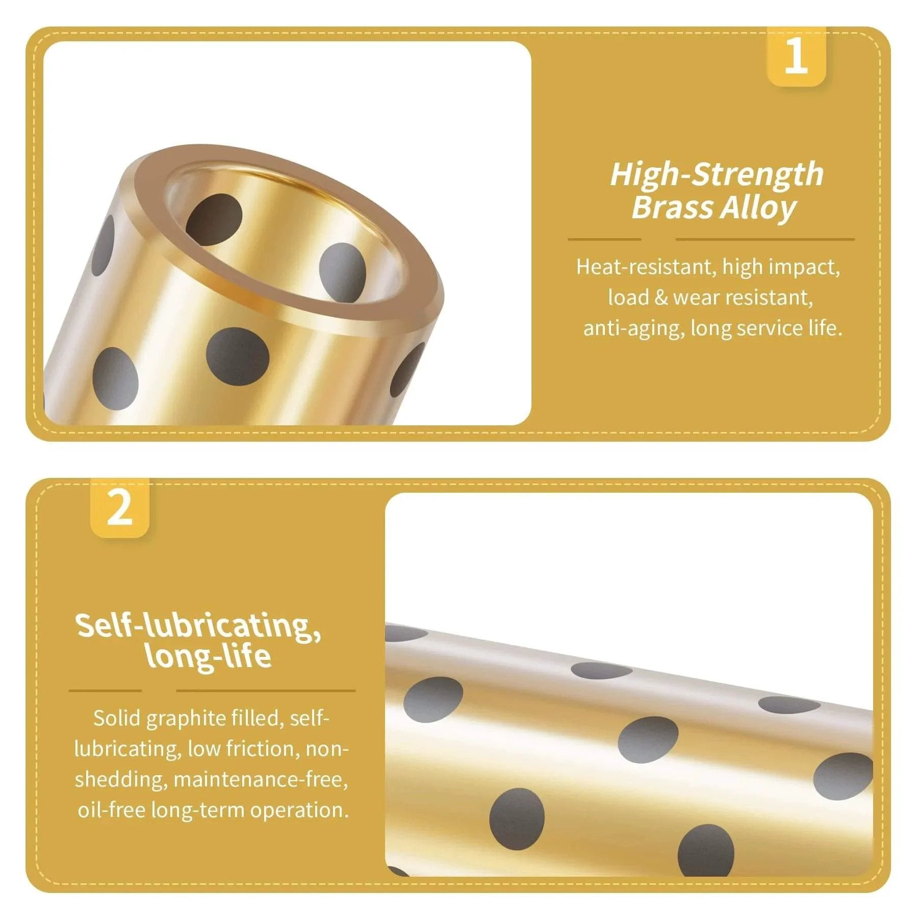 2 Pieces Brass Graphite Wrapped Oilless Bushings High Strength Brass Alloy Wear Resistant Self Lubricating Plain Bearing detail