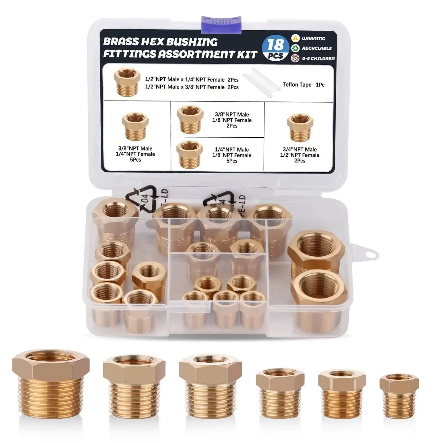 Brass Hex Bushing Fittings Kit 18 Piece Set Pro Grade For Plumbing And DIY Projects With Six Sizes