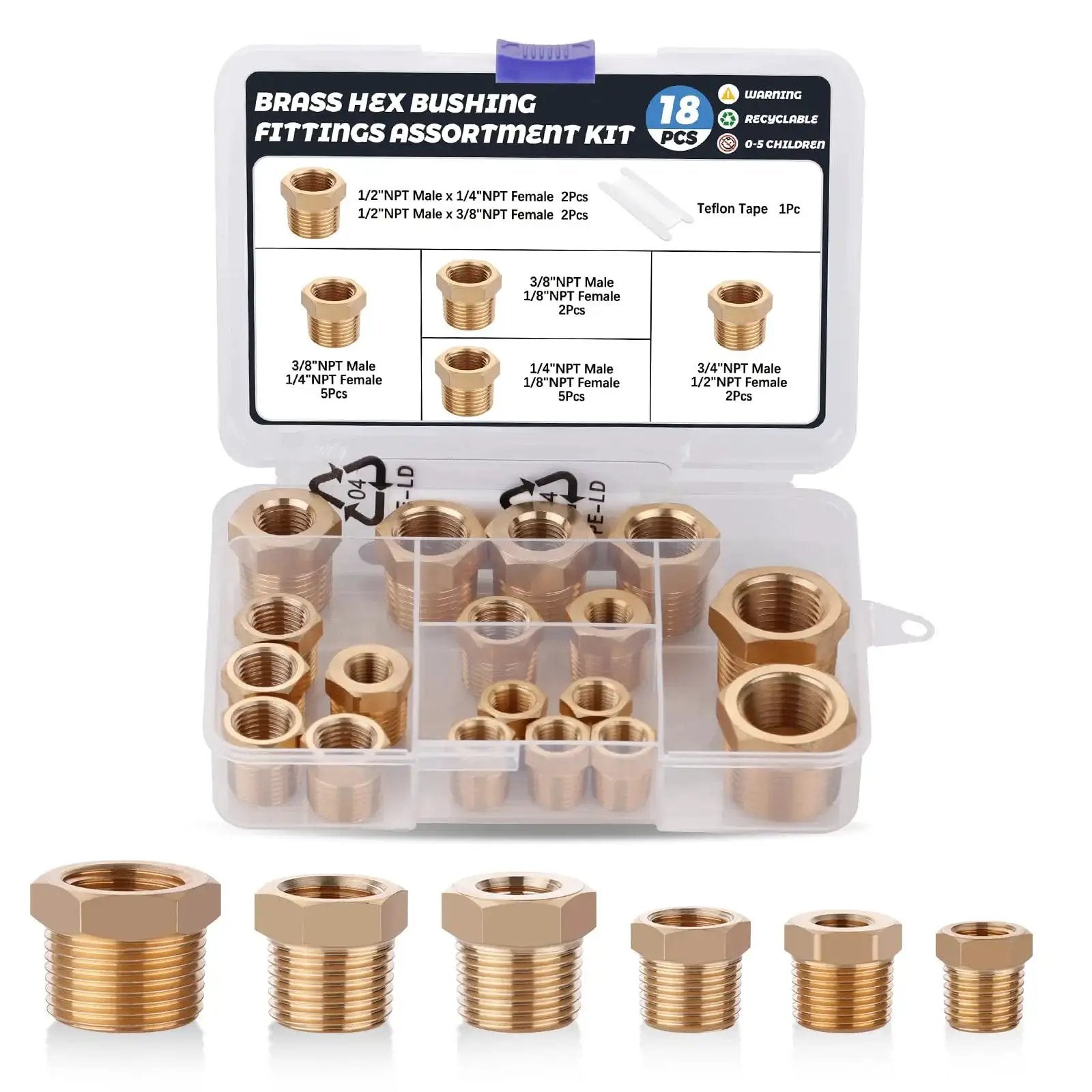 Brass Hex Bushing Fittings Kit 18 Piece Set Pro Grade For Plumbing And DIY Projects With Six Sizes