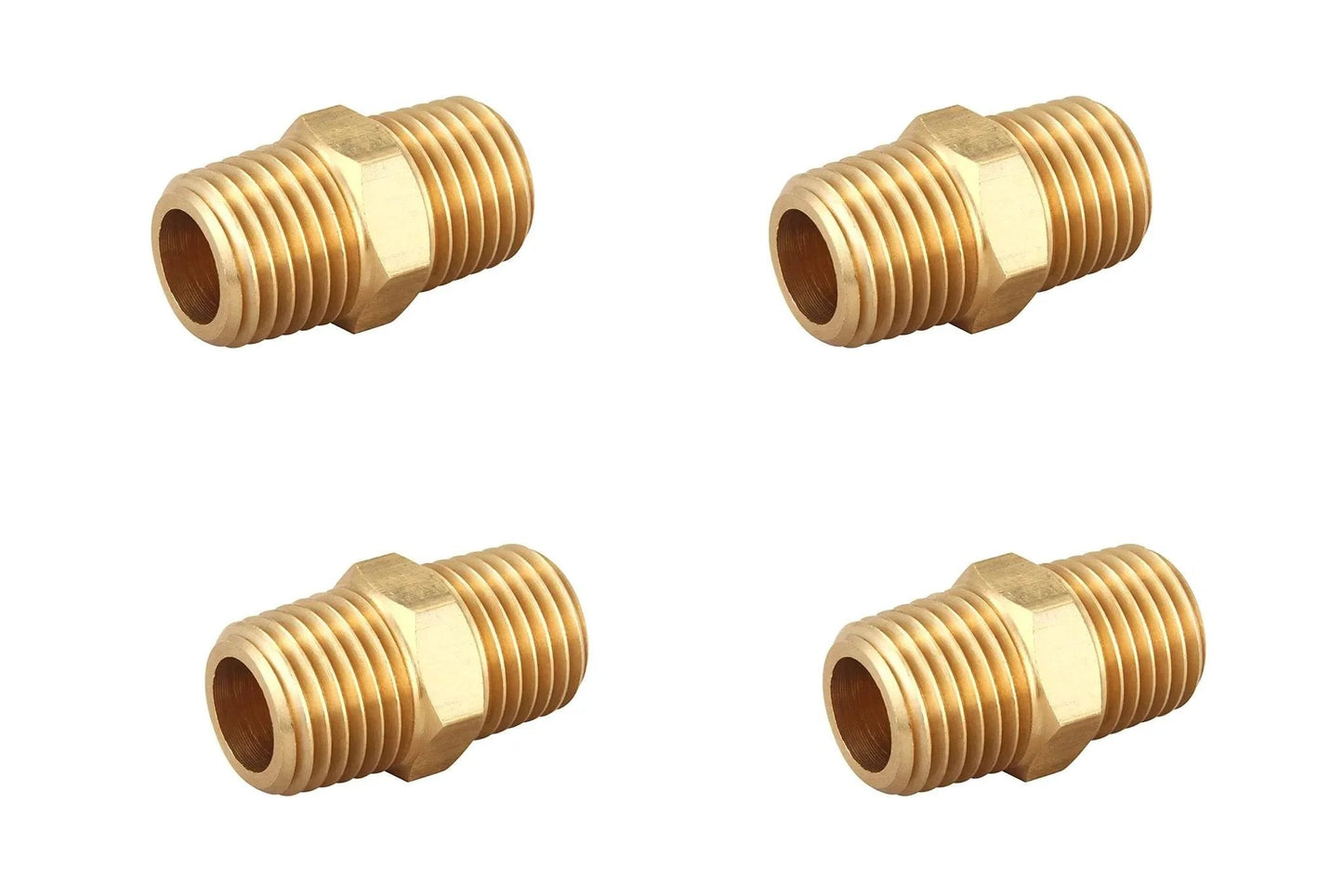 Brass Hex Nipple 1/4 Inch NPT x 1/4 Inch NPT Male Pipe Adapter Set for Connecting NPT Female Pipes, 1/2 Inch OD, Four Piece Brass Fittings