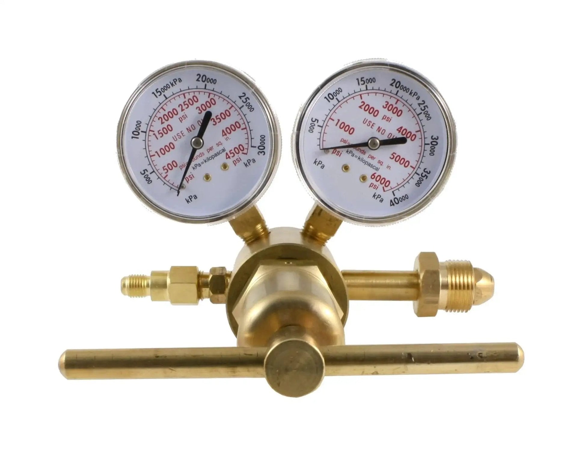 Front view of Nitrogen And Inert Gas High Pressure Regulator With 0-1400 PSI Output, single stage piston style, brass body and CGA 580 connection