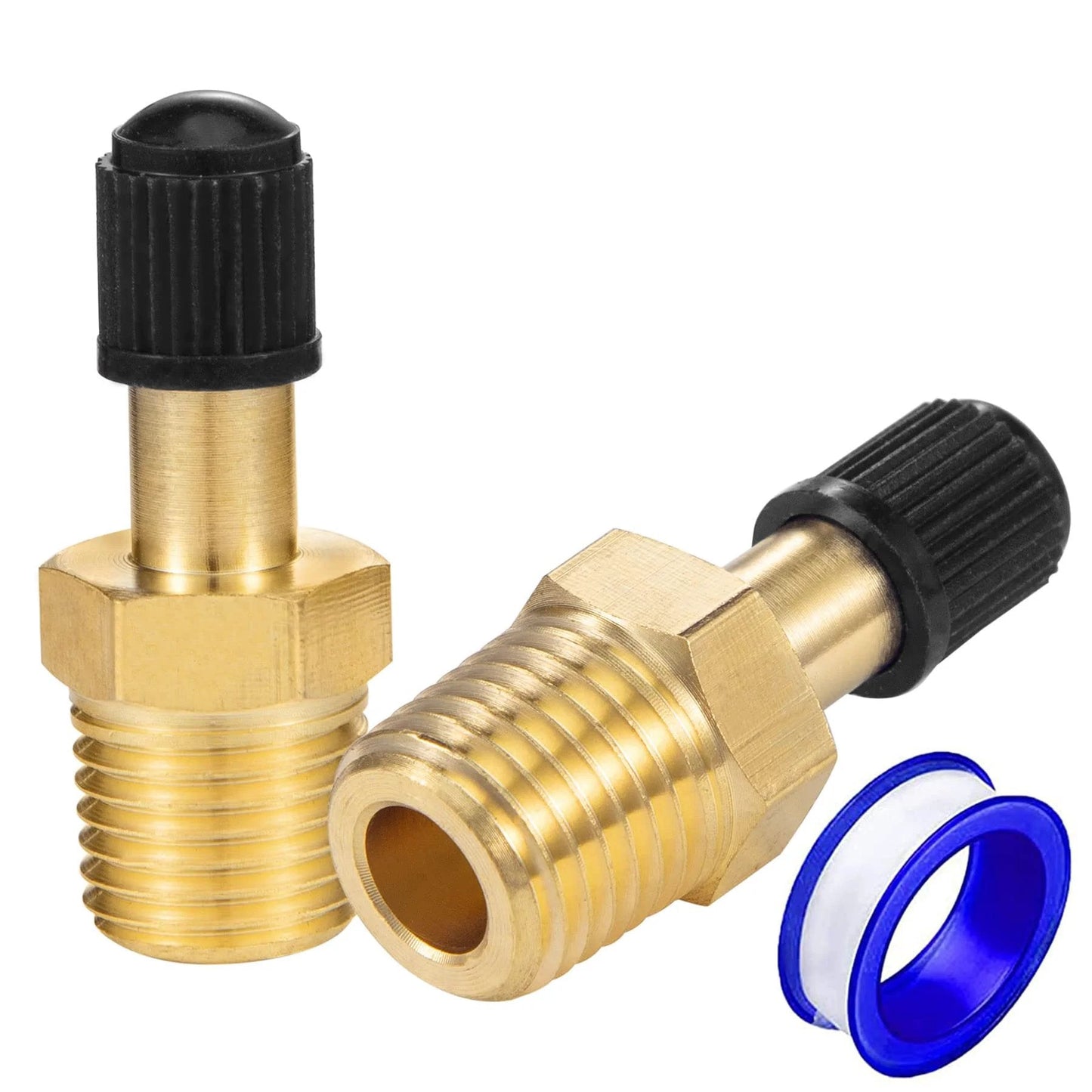 Inflation Valve With Push To Connect For Quarter Inch OD Air Line Tubing And Air Spring Suspension On Semi Truck Trailer Tractor Brass Anti Corrosion 150 PSI Max Temperature Range Minus Sixty Five To Two Hundred Fifty Fahrenheit Male NPT, side view with seal tape.