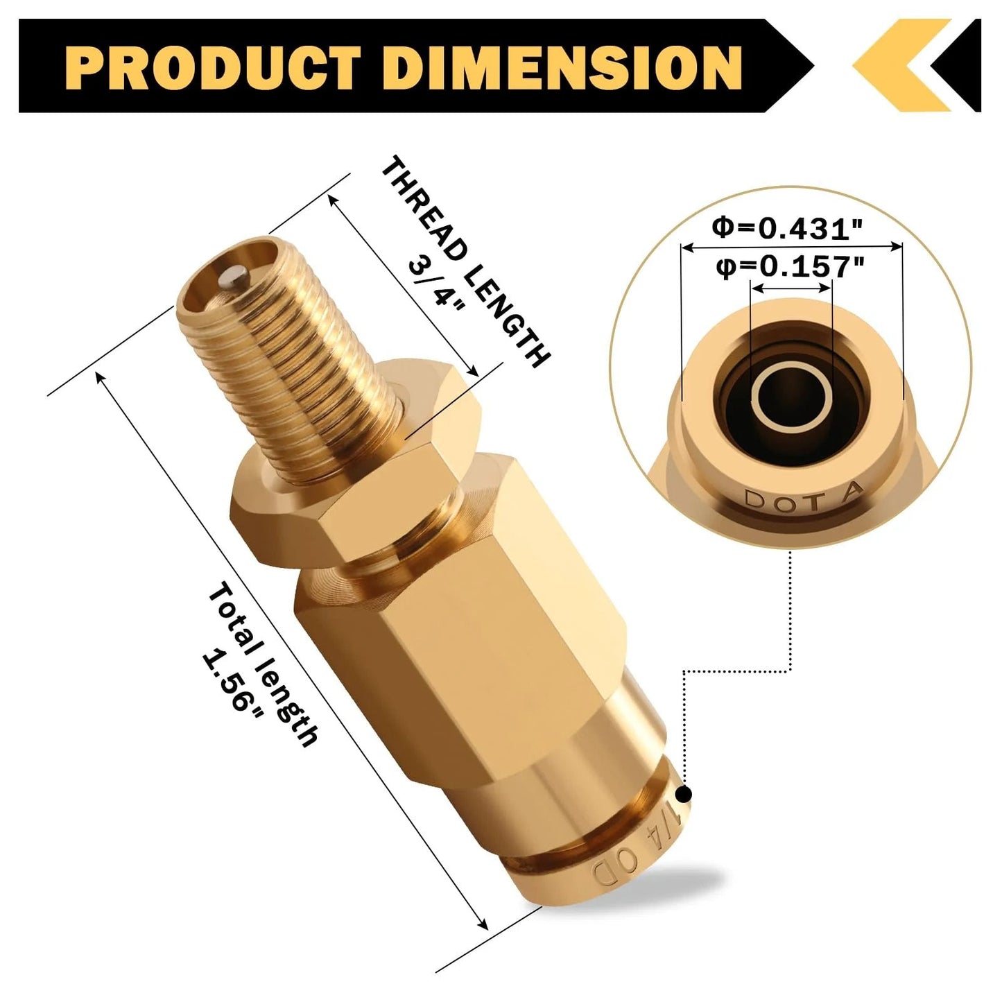 Inflation Schrader Valve With Push To Connect For One Quarter Inch Air Line Tubing And Air Spring Suspension On Semi Truck Trailer Tractor DOT Certified Brass No Leak Construction For Heavy Duty Use Performance with measurements shown.