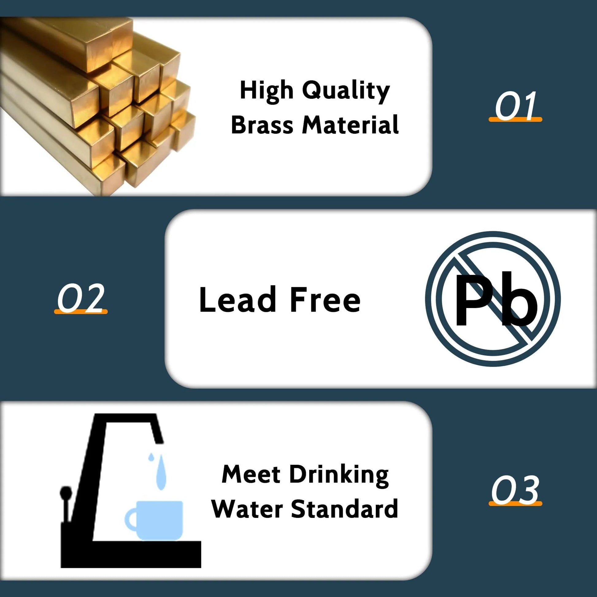 High quality brass material with lead-free certification for water systems, ensuring compliance with drinking water standards.