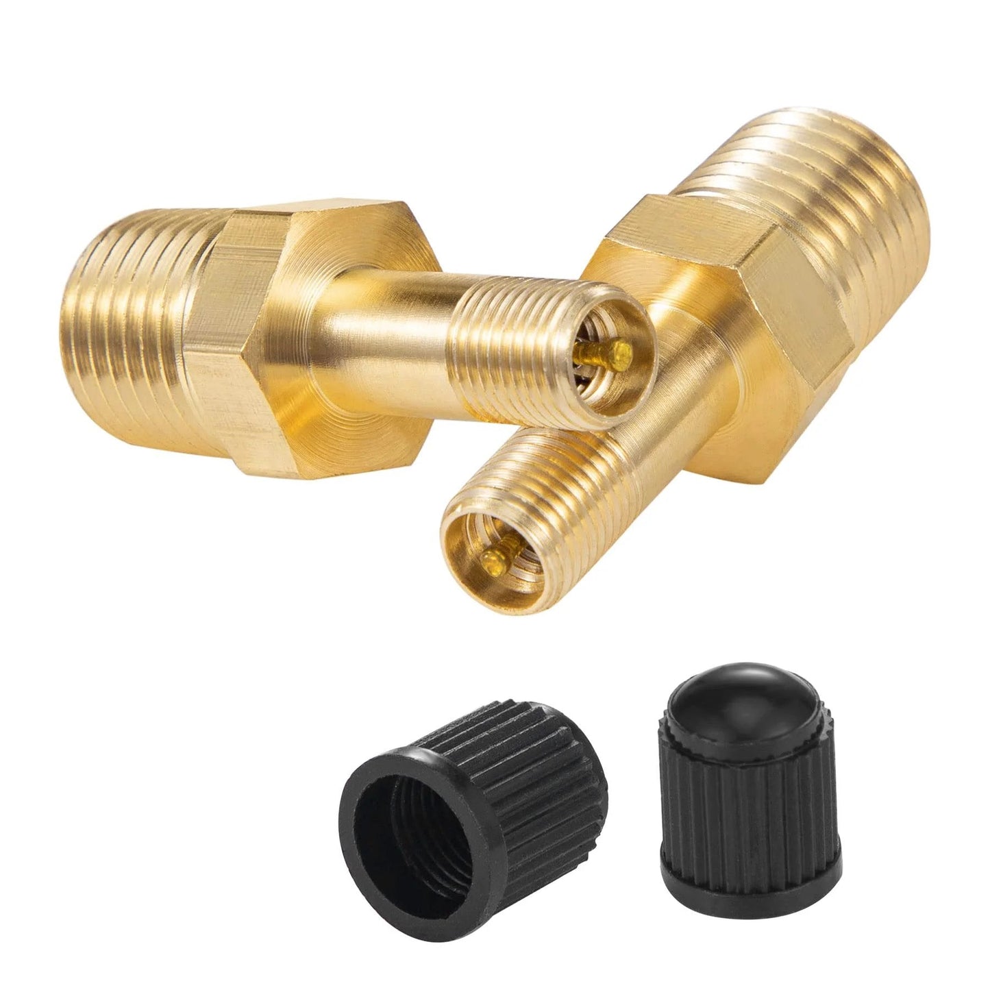 Inflation Valve With Push To Connect For Quarter Inch OD Air Line Tubing And Air Spring Suspension On Semi Truck Trailer Tractor Brass Anti Corrosion 150 PSI Max Temperature Range Minus Sixty Five To Two Hundred Fifty Fahrenheit Male NPT viewed from the front, showing brass body and black caps.