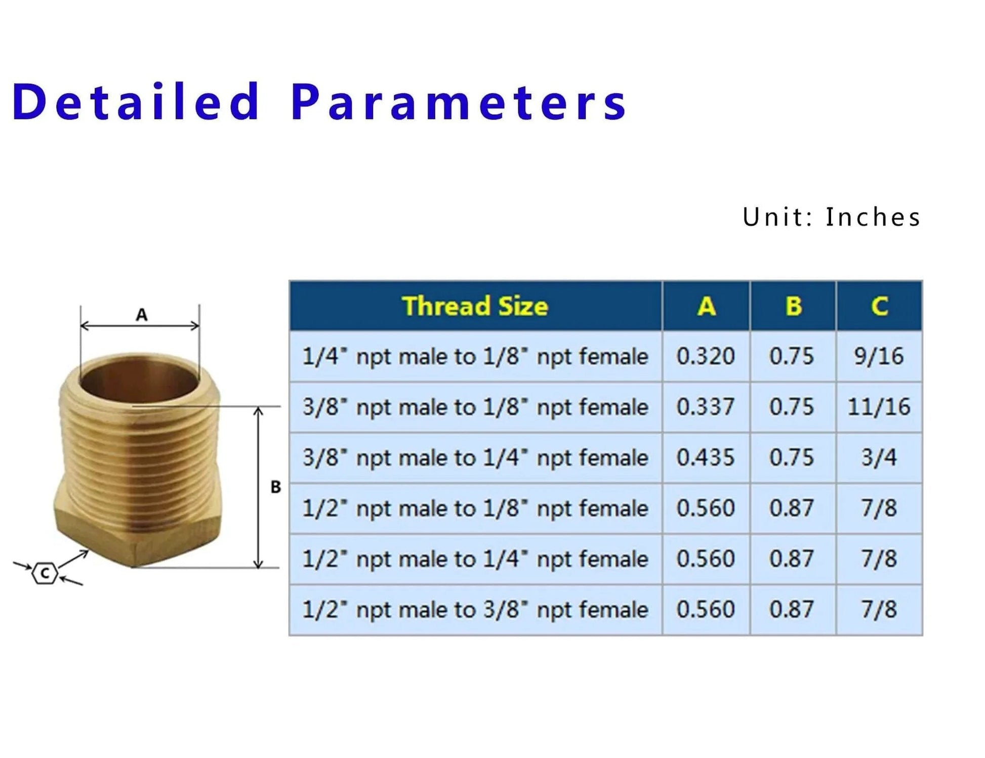 One Half NPT Male To One Quarter NPT Female Brass Bushing Reducer Pipe Fitting size chart and illustration