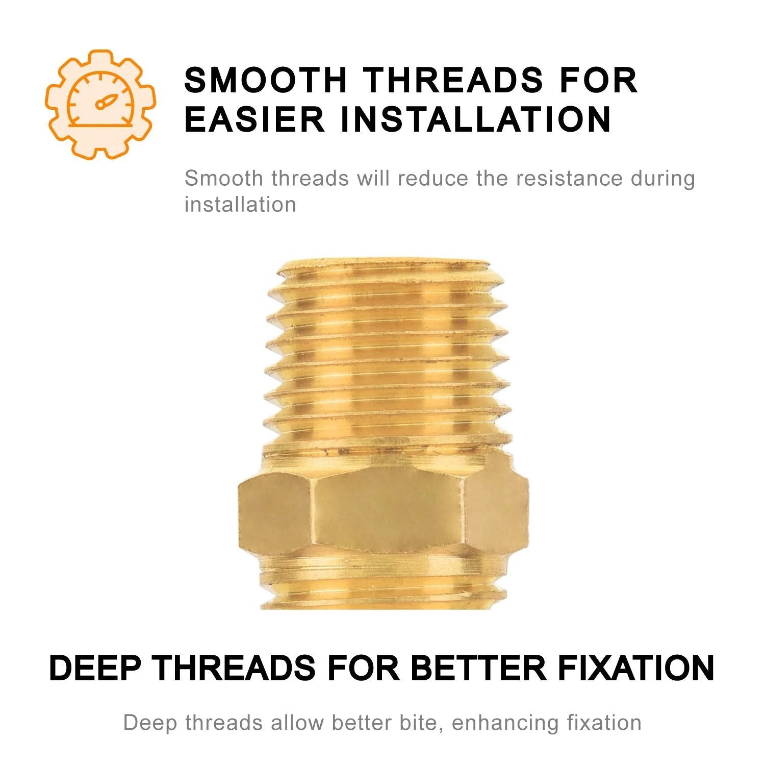 Close-up view of a solid brass 1/4 NPT fitting showcasing smooth and deep threads for easy installation and fixation.