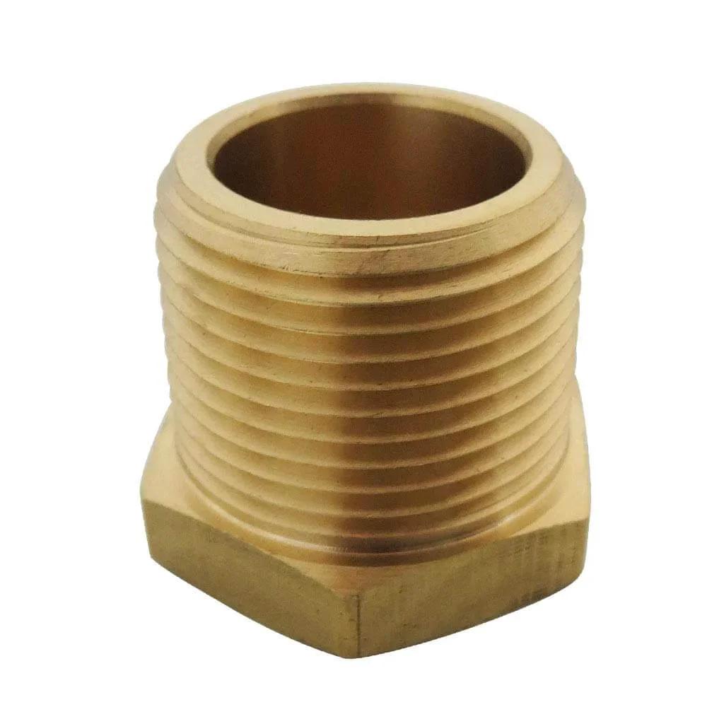 Close-up of One Half NPT Male To One Quarter NPT Female Brass Bushing Reducer Pipe Fitting 5 Pack for connecting threads