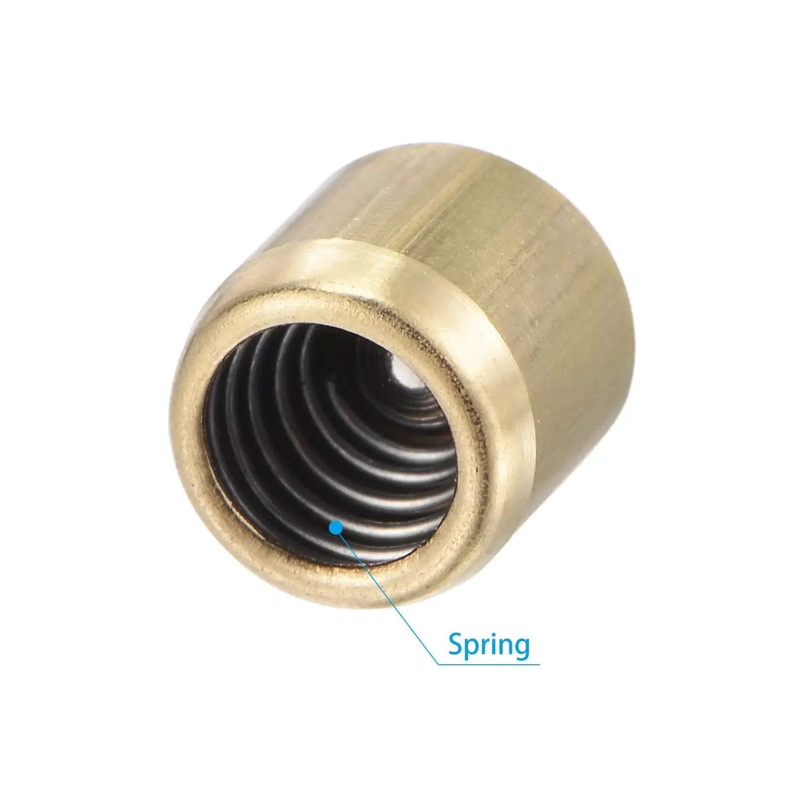 Close-up of Durable Brass Oil Cup For Continuous Drip Lubrication 8x8mm Ball Oiler showing interior spring mechanism, by Uxcell.