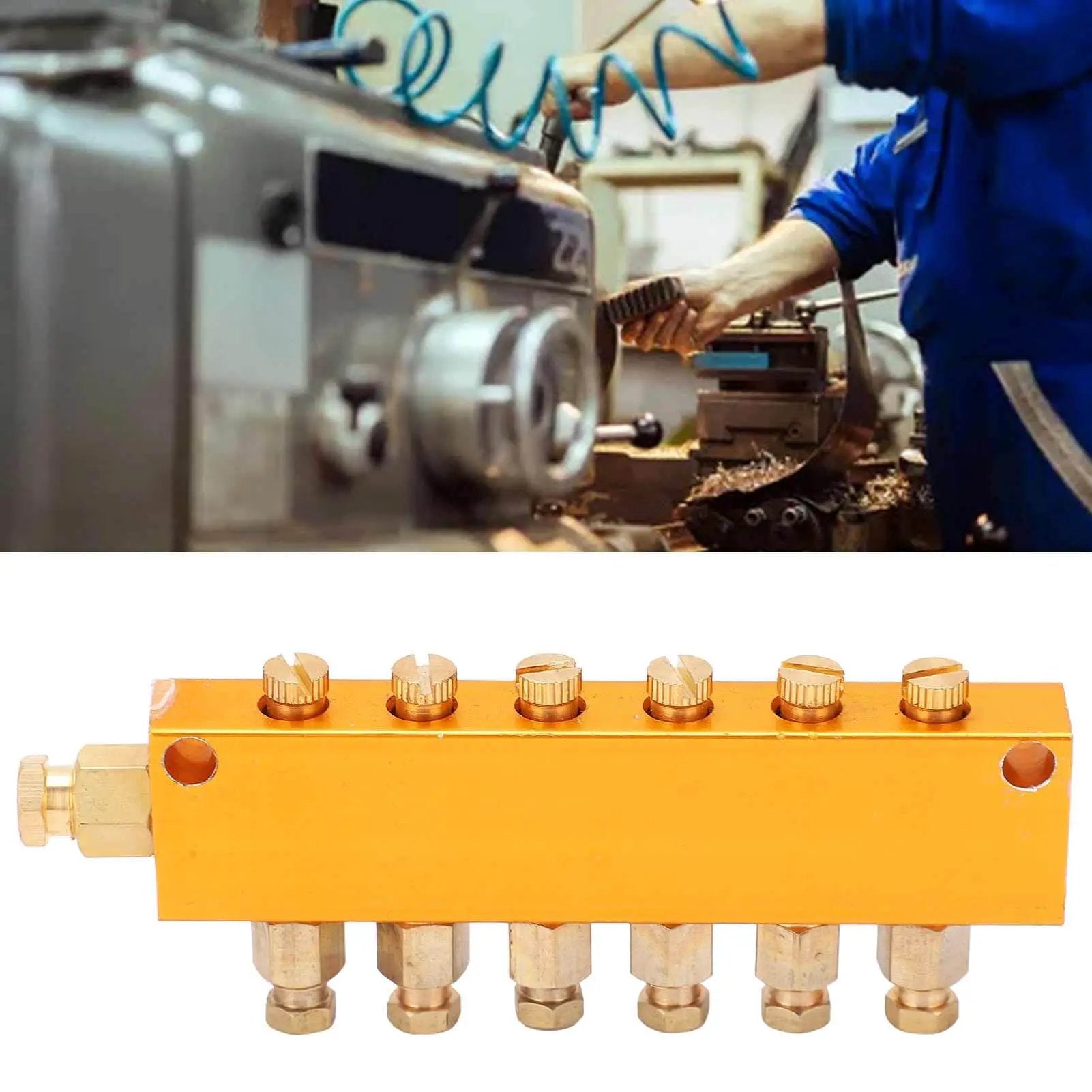Adjustable Brass Oil Distributor with Piston Separator Valve for CNC Machining Centers, Six Outlet Lubrication System Shown in Use