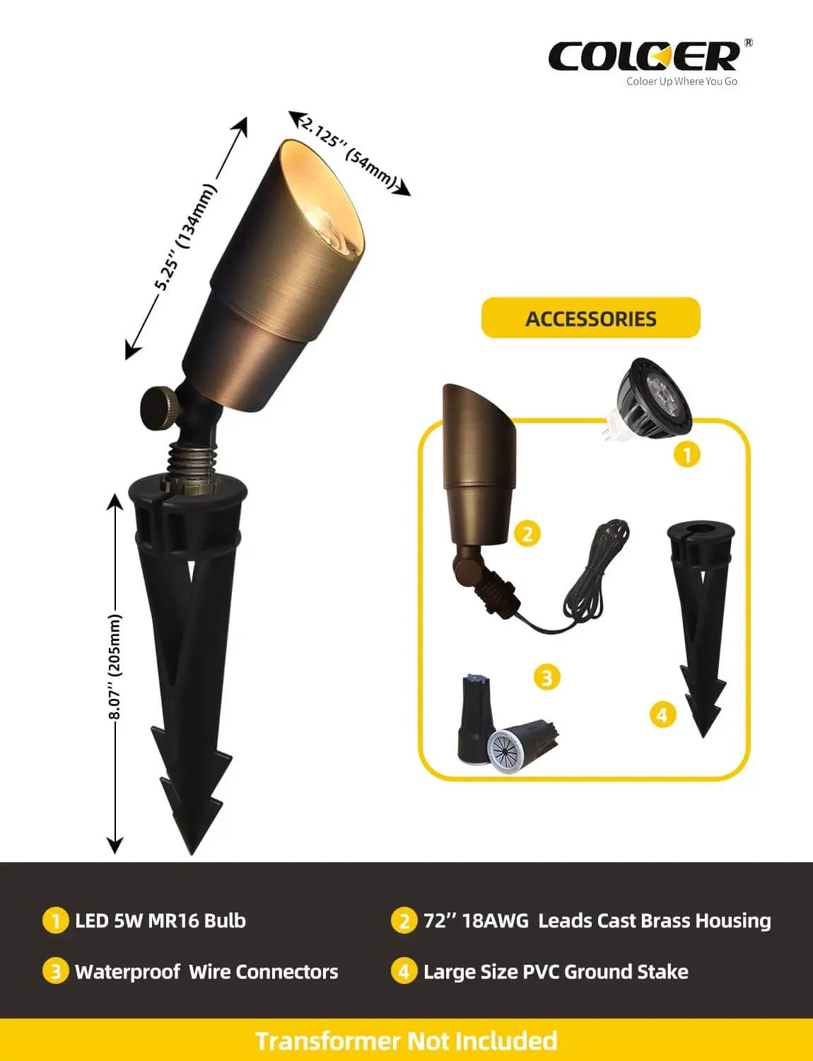 Warm White Die Cast Brass Outdoor Spotlight For Landscape Lighting 12V Low Voltage MR16 LED Bulb 2700K 450LM CRI 85 Plus 5W Directional Garden Patio Up Light COLOER 101B with accessories and dimensions